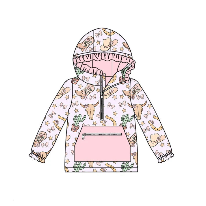 Preorder (moq 8)Baby Girls Pink Bull Skulls Hats Pocket Zipper Ruffle Hoodies Top 9.8