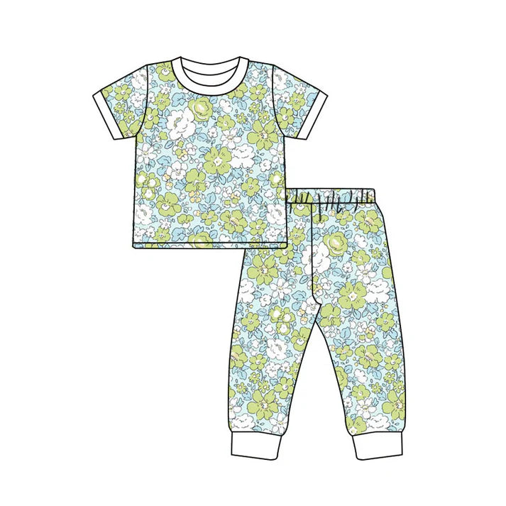 Preorder(moq 5) Baby Girls Short Sleeve Green Flowers Top Pants Pajamas Sets 11.12