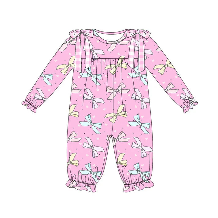 Preorder (moq 8)Baby Girls Pink Hearts Bows Valentine Ruffle Footie Rompers 9.23