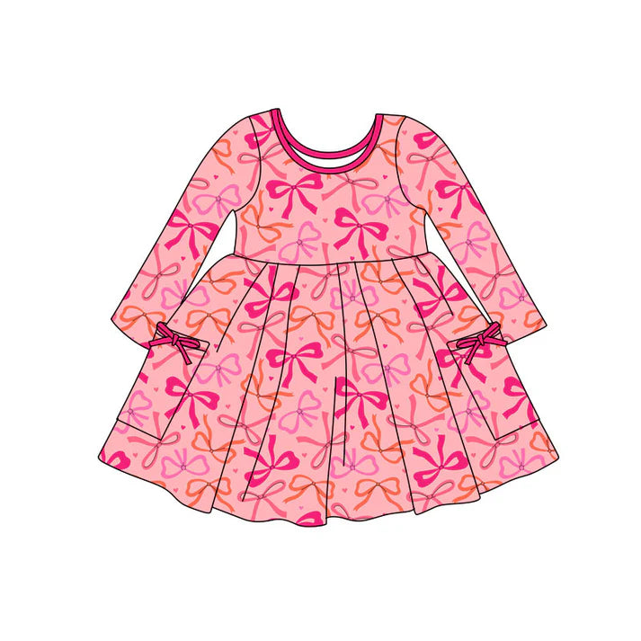 Preorder(moq 5) Baby Girls Pink Bows Hearts Pockets Valentine Knee Length Dresses 11.4