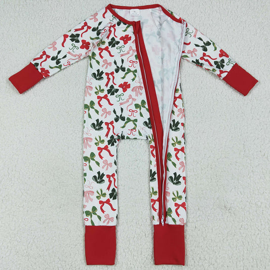 Baby Girls Rompers Christmas Red Green Bows Zipper Footie Rompers LR2203 6.24