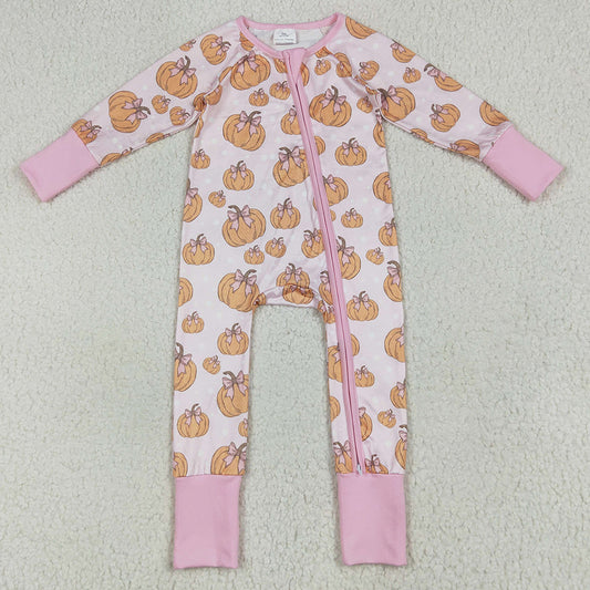 Baby Girls Rompers Long Sleeves Pink Bows Pumpkins Footie Zipper Rompers LR2271 7.9