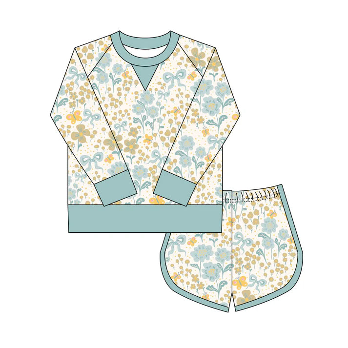 Preorder(moq 8)Baby Girls Yellow Blue Butterfly Flowers Long Sleeve Top Shorts Clothes Set 9.27
