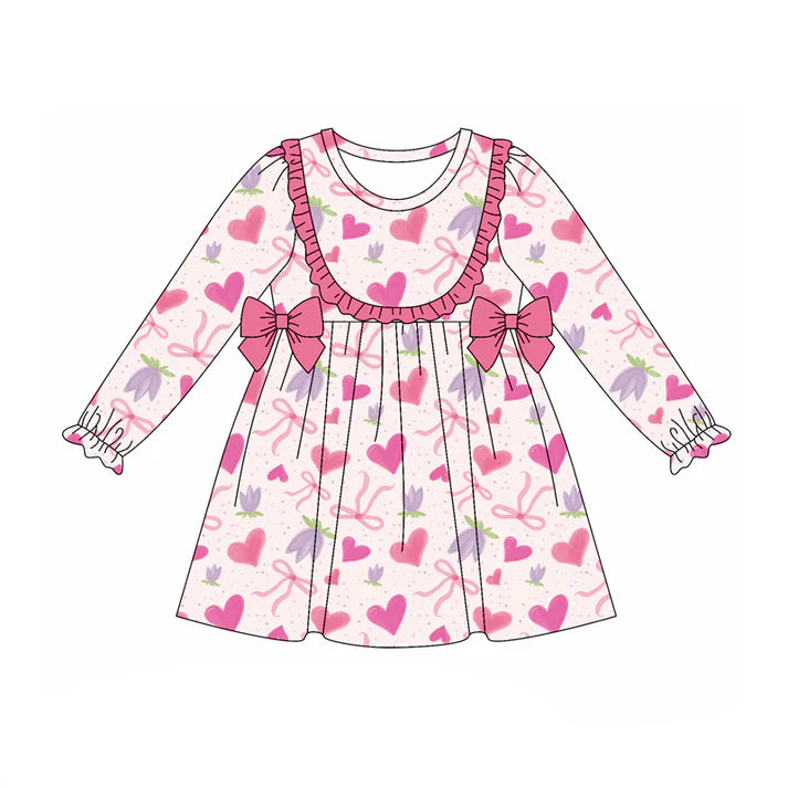 Preorder (moq 5)Baby Girls Long Ruffle Sleeves Pink Hearts Flowers Bows Knee Length Dress 7.28