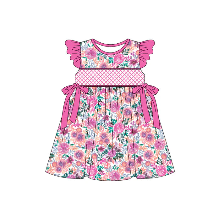 Preorder (moq 5)Baby Girls Hot Pink Flutter Sleeves Floral Bows Knee Length Dress 4.26