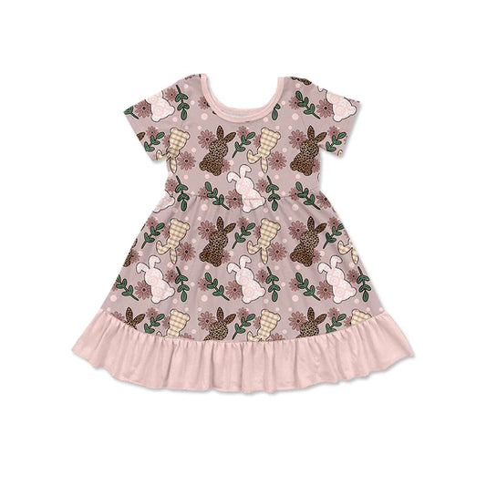 Preorder (moq 5)Baby Girls Leopard Rabbits Flowers Easter Ruffle Knee Length Dresses 12.12