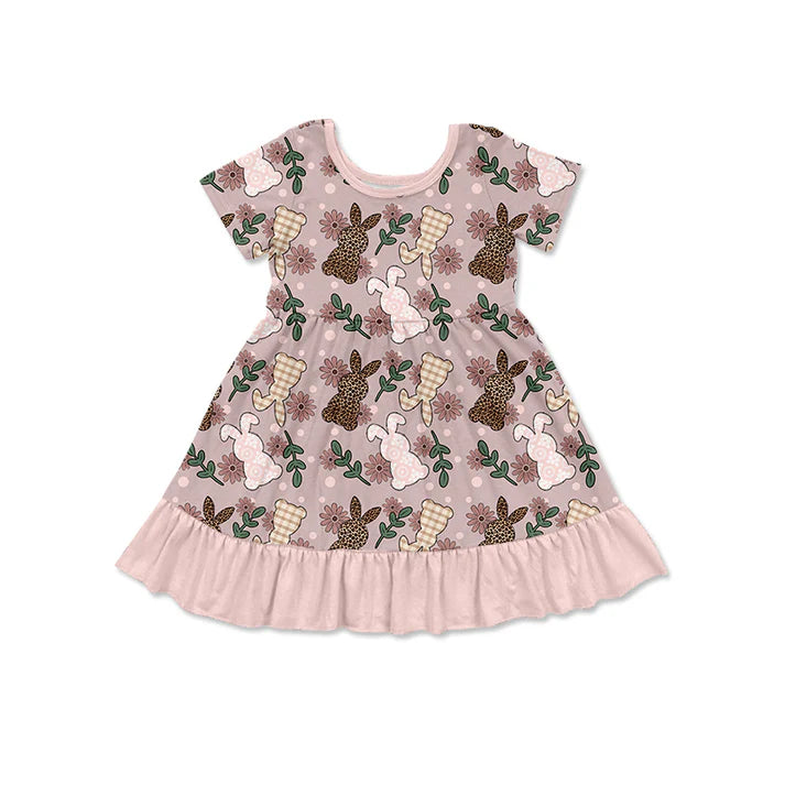 Preorder (moq 5)Baby Girls Leopard Rabbits Flowers Easter Ruffle Knee Length Dresses 12.16