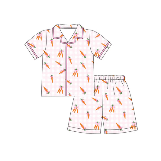 Preorder (moq 5)Baby Girls Bows Carrots Checked Button Top Shorts Easter Pajamas Sets 12.12