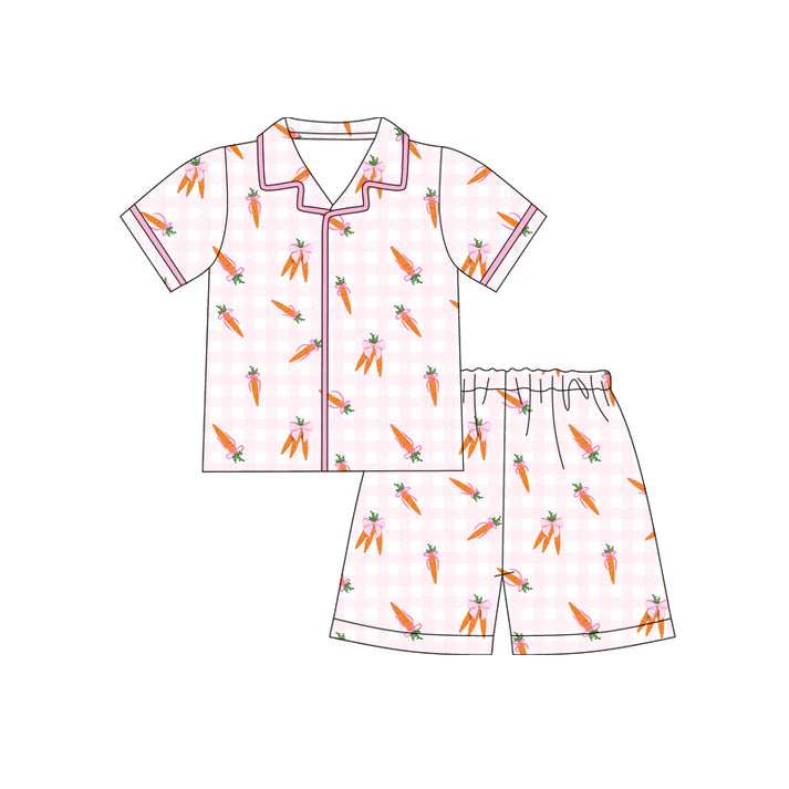 Preorder (moq 5)Baby Girls Bows Carrots Checked Button Top Shorts Easter Pajamas Sets 12.12