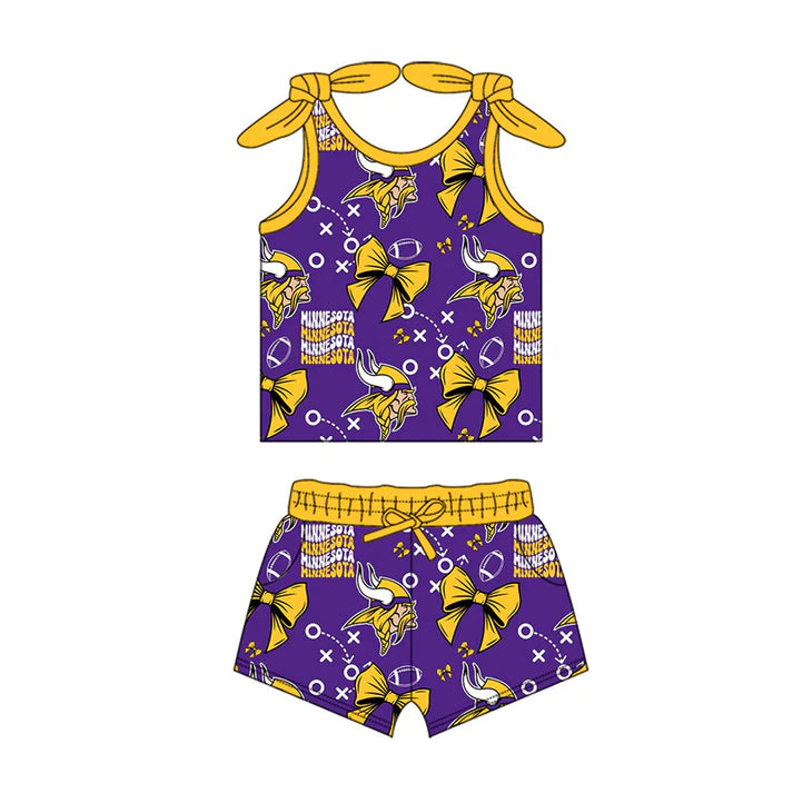 Preorder MOQ 5 pcs sleeveless yellow bow purple kids girls team outfits 8.28