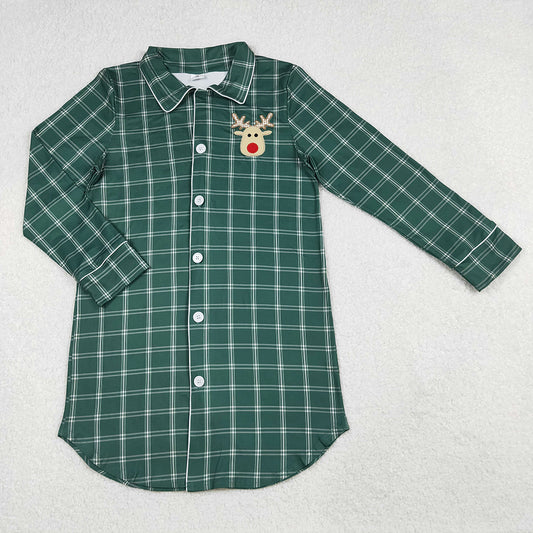 Adult Women Clothes Top Green Embroidery Deer Checked Christmas Sleep Wears Top GT0621 10.2