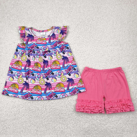 Baby Girls Clothes Pink Stripe Flutter Sleeves Cars Dolls Tunic Ruffle Short Set GSSO2362 5.1