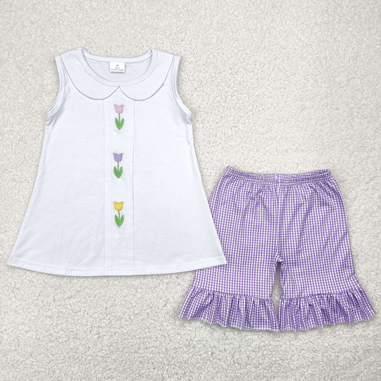 Embroidery Baby Girls Clothes White Tulips Tunic Tops Shorts Sets GSSO2276 5.1