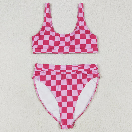 Adult Women Swimsuits Pink Checkered Top Bottom Swimsuits Sets S0559 6.9