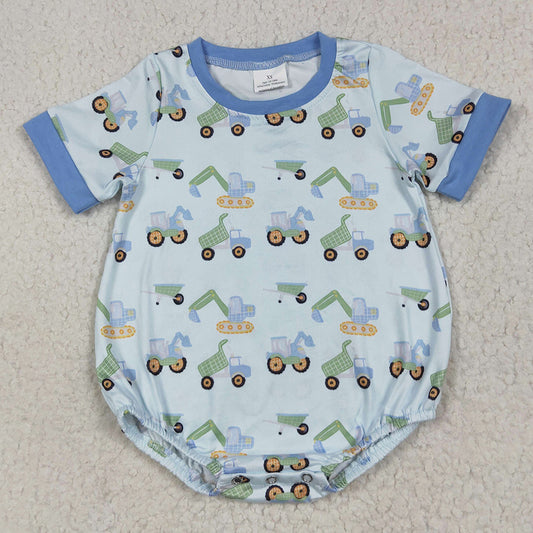 Baby Boys Rompers Short Sleeves Blue Excavators Plaid Rompers SR3142 6.25