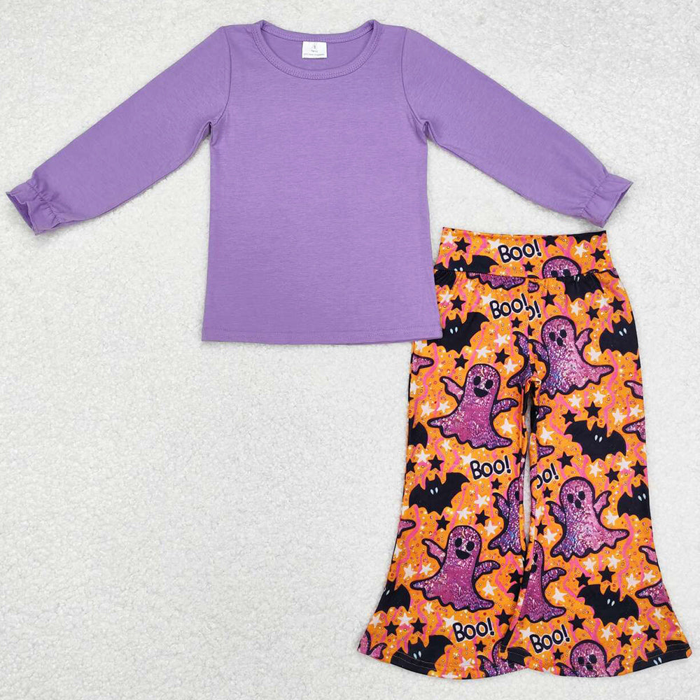 Baby Girls Clothes Halloween Purple Top Ghost Bell Pants Sets GLP2056