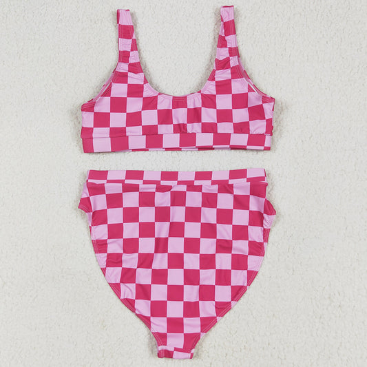 Adult Women Swimsuits Pink Checkered Top Bottom Swimsuits Sets S0559 6.9