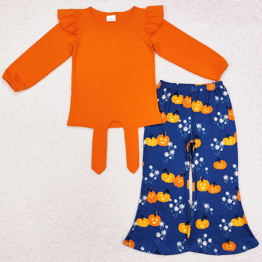 Baby Girls Clothes Halloween Orange Top Pumpkins Flowers Bell Pants Sets GLP1719