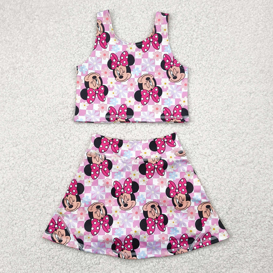 Baby Girls Clothes Sleeveless Pink Plaid Cartoon Top Skort Yoga Set GSD2460 4.29