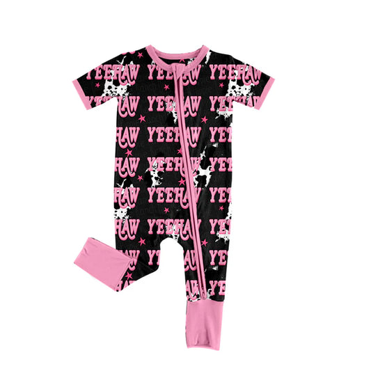 Preorder (moq 8)Baby Girls Cow Print Lights Yeehaw Western Zipper Footie Rompers 9.13