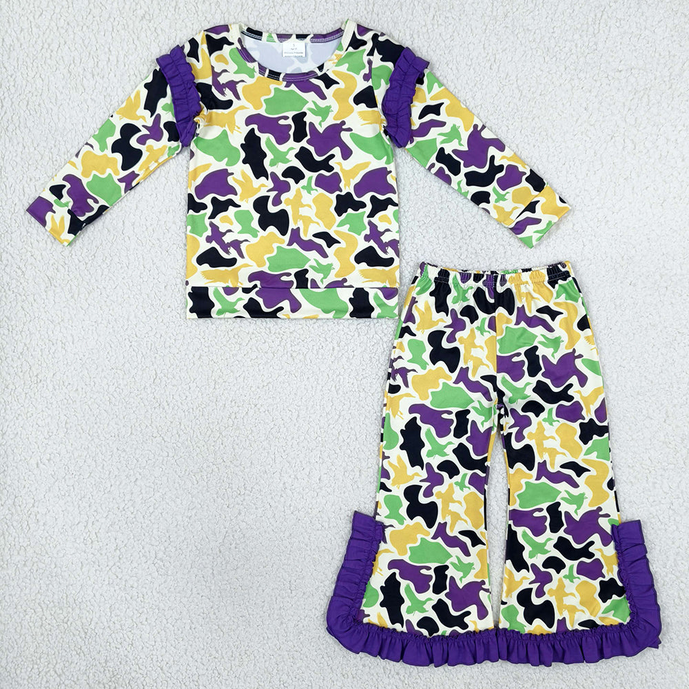 Baby Girls Clothes Mardigras Ducks Camo Top Bell Bottom Pant Hunting Clothes Set GLP3871