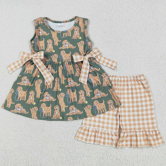 Baby Girls Clothes Green Sleeveless Dogs Bows Tunic Khaki Plaid Ruffle Shorts Sets GSSO2449 5.8