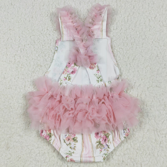 Baby Infant Girls Rompers Pink Tulle Strap Floral Stripe Ruffle Rompers SR2964 7.7