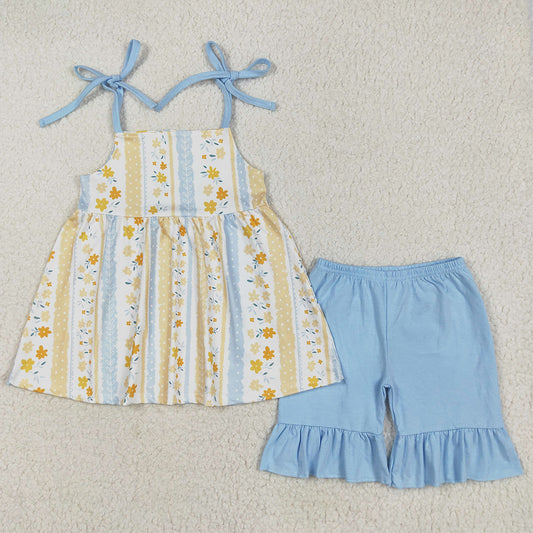 Baby Girls Clothes Blue Strap Yellow Floral Stripe Tunic Ruffle Shorts Sets GSSO2302 5.10
