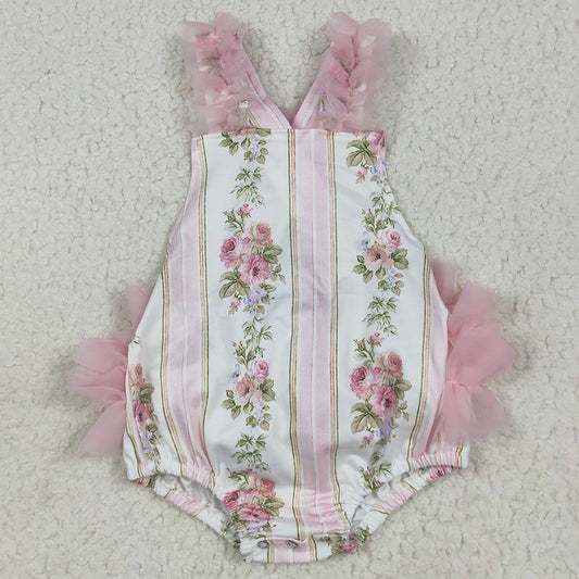 Baby Infant Girls Rompers Pink Tulle Strap Floral Stripe Ruffle Rompers SR2964 7.7