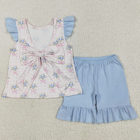 Baby Girls Clothes Pink Checkered Bows Tunic Ruffle Shorts Clothes Sets GSSO1577 5.22