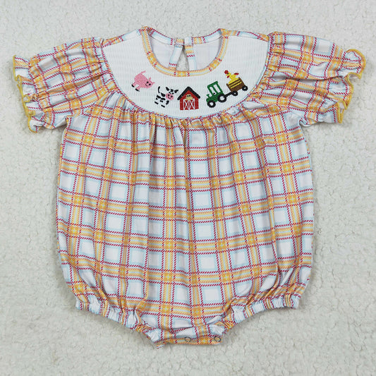 Baby Infant Girls Rompers Fall Plaid Cows Farm Smocked Rompers SR2982 7.9