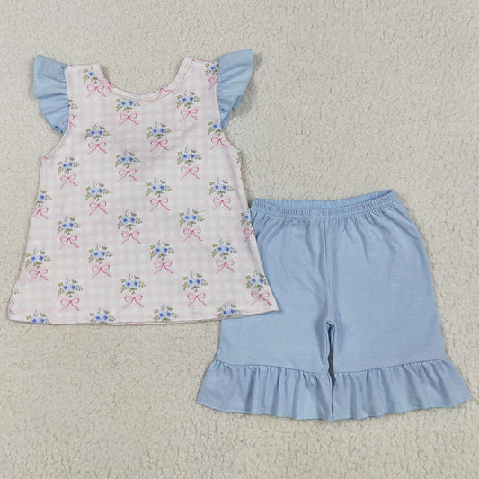 Baby Girls Clothes Pink Checkered Bows Tunic Ruffle Shorts Clothes Sets GSSO1577 5.22