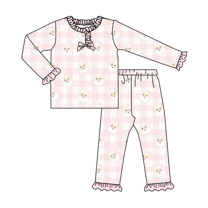 Preorder (moq 8)Baby Girls Pink Checked Santa Top Ruffle Pants Christmas Pajamas Sets 9.23