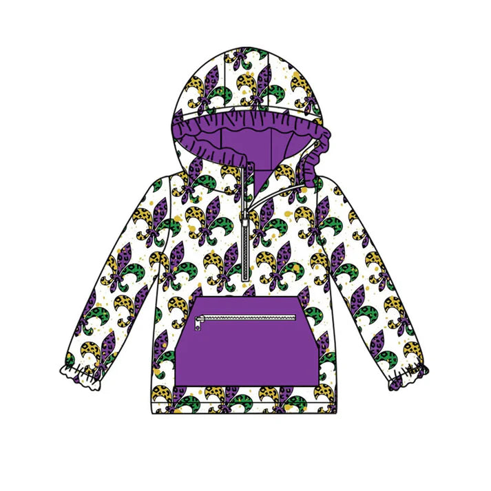 Preorder (moq 8)Baby Girls Anchors Checked Pocket Zipper Mardigras Ruffle Hoodies Top 9.10