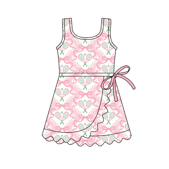 Preorder(moq 5) Baby Girls Sleeveless Pink Bows Tennis Team Ruffle Knee Length Dresses 11.4