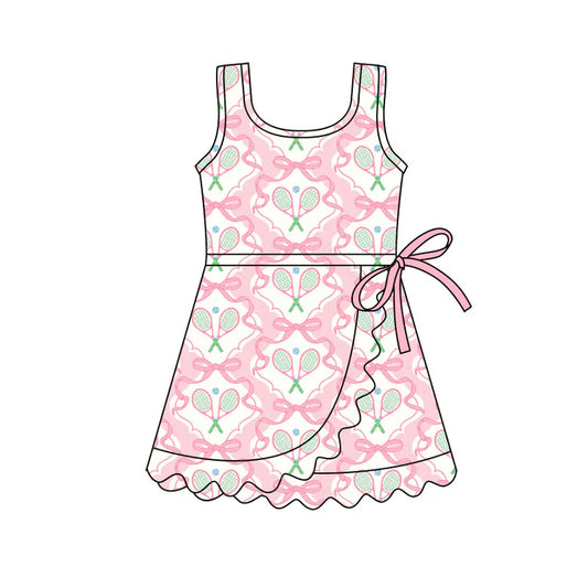 Preorder(moq 5) Baby Girls Sleeveless Pink Bows Tennis Team Ruffle Knee Length Dresses 11.4