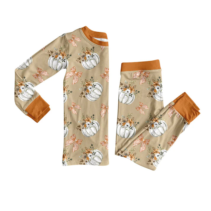 Preorder (moq 5)Baby Girls Long Sleeves Bows Pumpkins Plaid Top Pants Pajamas Set 7.26
