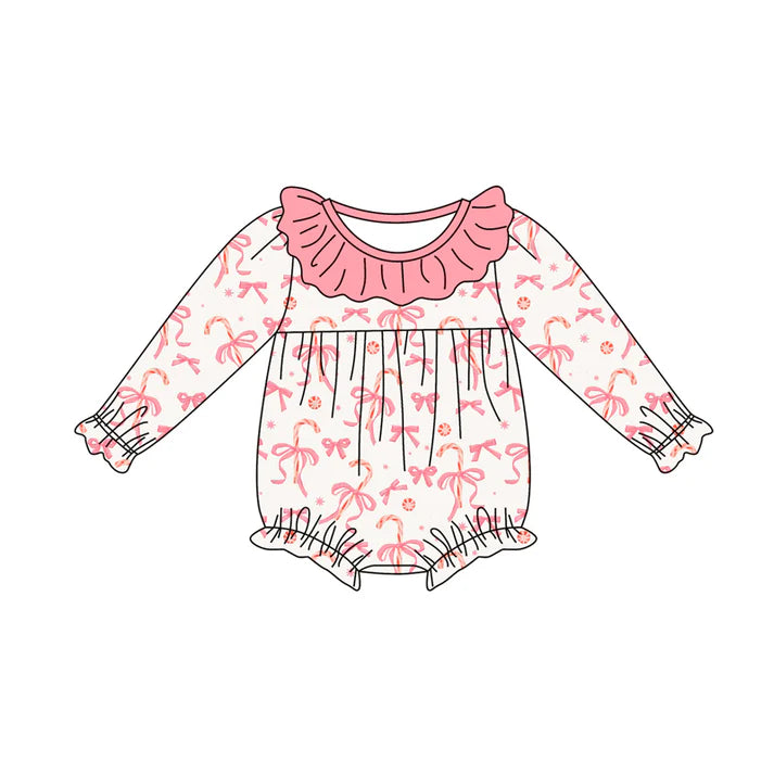 Preorder moq 5 Baby Infant Girls Long Sleeves Pink Bows Candy Cane Plaid Ruffle Romper 7.14