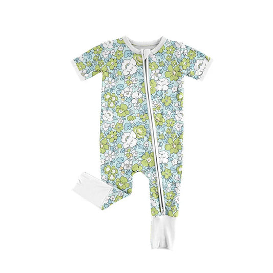 Preorder (moq 5)Baby Girls Short Sleeve Green Flowers Two Way Zipper Convertible Rompers 11.12