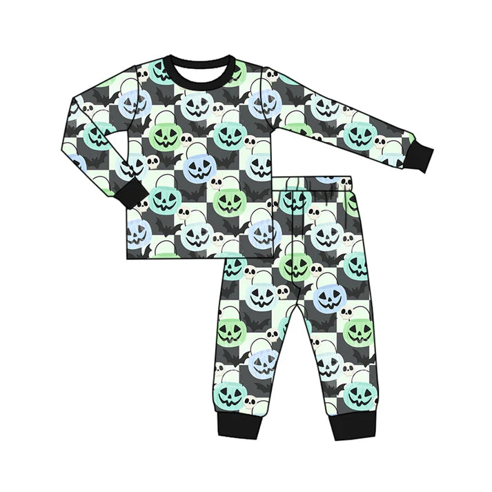 Preorder (moq 5)Baby Boys Long Sleeves Black Plaid Ghost Pumpkins Top Pant Pajamas Sets 6.11