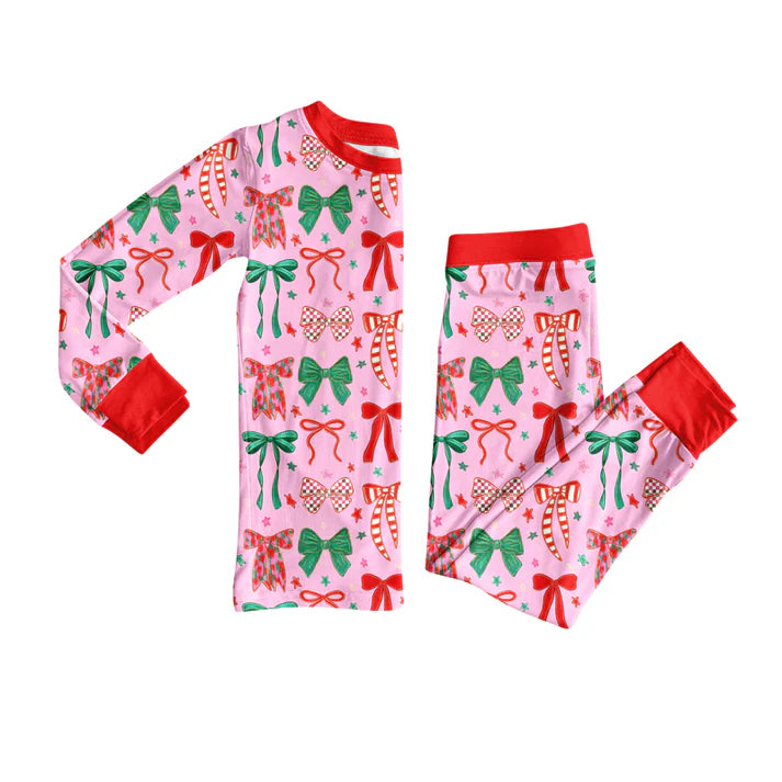 Preorder (moq 5)Baby Girls Long Sleeves Green Red Bows Plaid Top Pants Pajamas Set 7.26