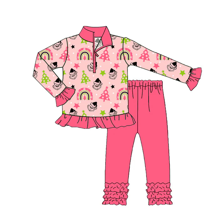 Preorder(moq 5) Baby Girls Pink Christmas Trees Green Face Zipper Pullover Legging Pants Set 8.15