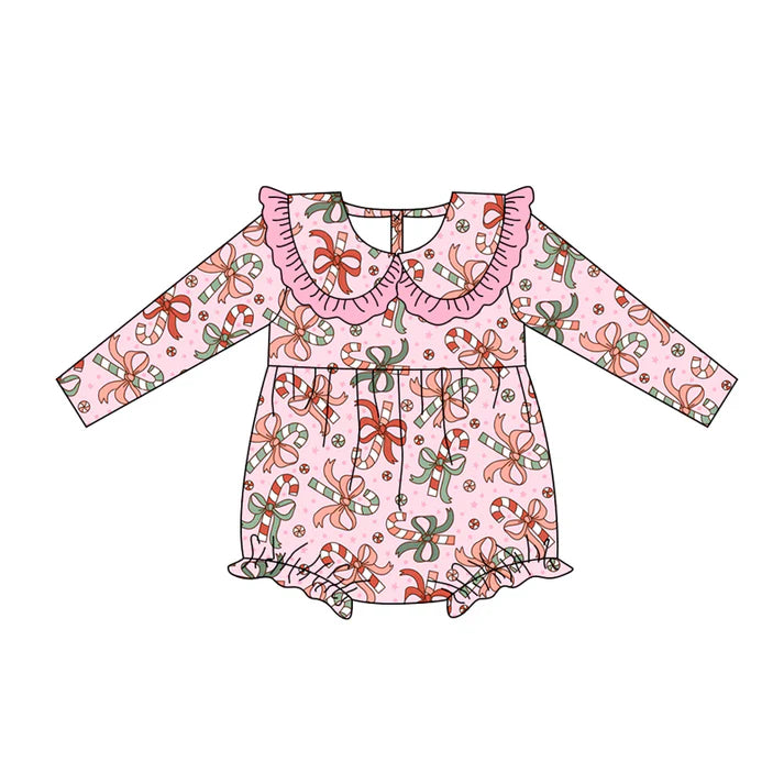 Preorder (moq 5)Baby Girls Long Sleeves Pink Bows Candy Cane Ruffle Romper 7.3