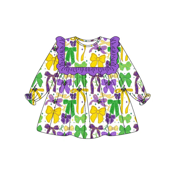 Preorder (moq 8)Baby Girls Purple Yellow Green Bows Stars Mardugras Knee Length Dresses 9.11