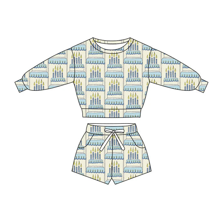 Preorder(moq 5) Baby Boys Blue Happy Birthday Day Cakes Long Sleeve Pockets Shorts Clothes Sets 10.27