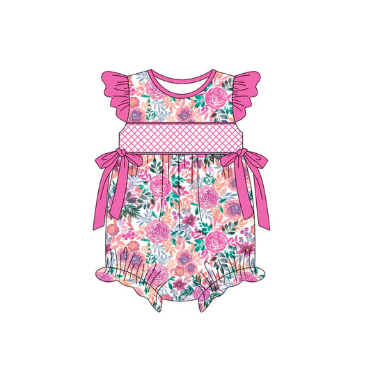 Preorder (moq 5)Baby Girls Hot Pink Flutter Sleeves Floral Bows Ruffle Rompers 5.14