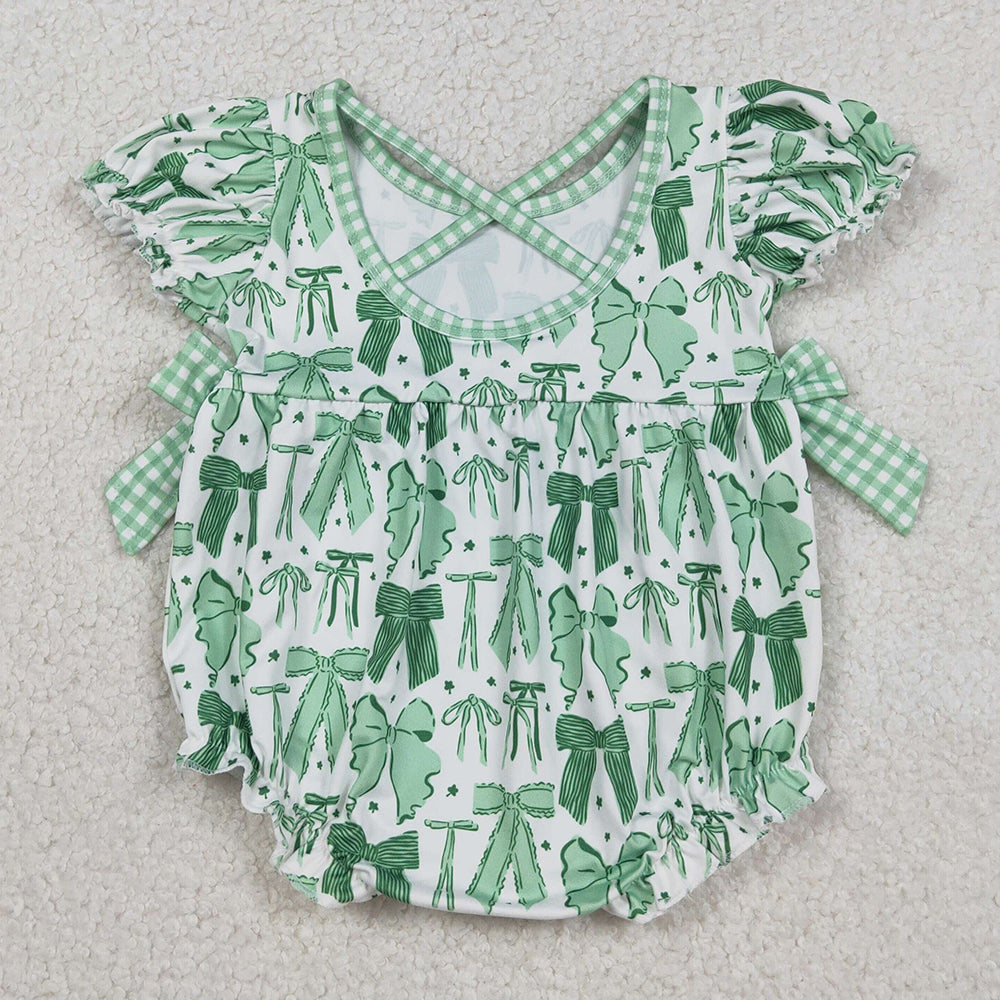 Baby Girls Bubbles Green Clovers St Patrick Bows Ruffle Rompers SR3305 12.10