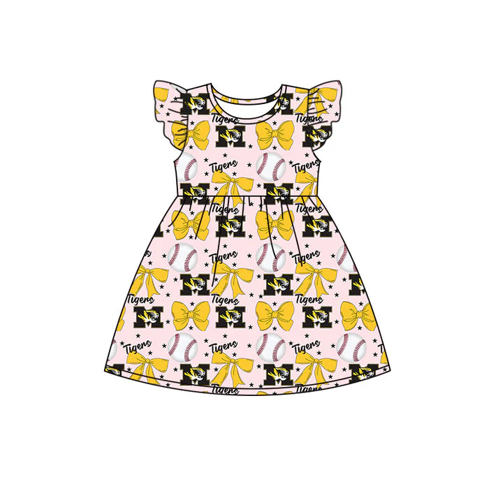 Preorder (moq 5)Baby Girls Flutter Sleeves Baseballs Bows M Tiger Team Knee Length Dresses 6.16