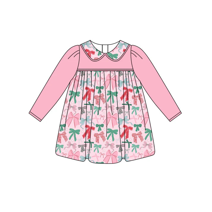 Preorder (moq 5)Baby Girls Pink Long Sleeves Colorful Bows Knee Length Dresses 5.27