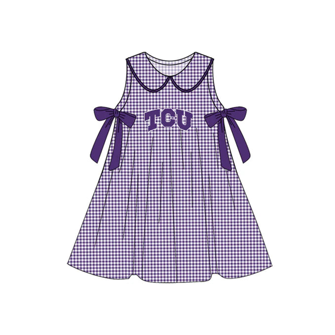 Preorder (moq 5)Baby Girls Purple Plaid Sleeveless Bows TCU Team Knee Length Dresses 7.10